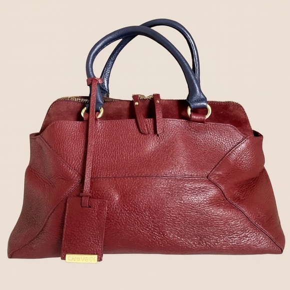 Iacucci Italian Pebbled Leather Suede Satchel Handbag Red Oxblood Blue Handles - Picture 5 of 14